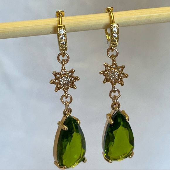 Olive Green Teardrop Gold Latch Back Earrings, Bridal Earrings, Formal Earrings - Picture 1 of 1